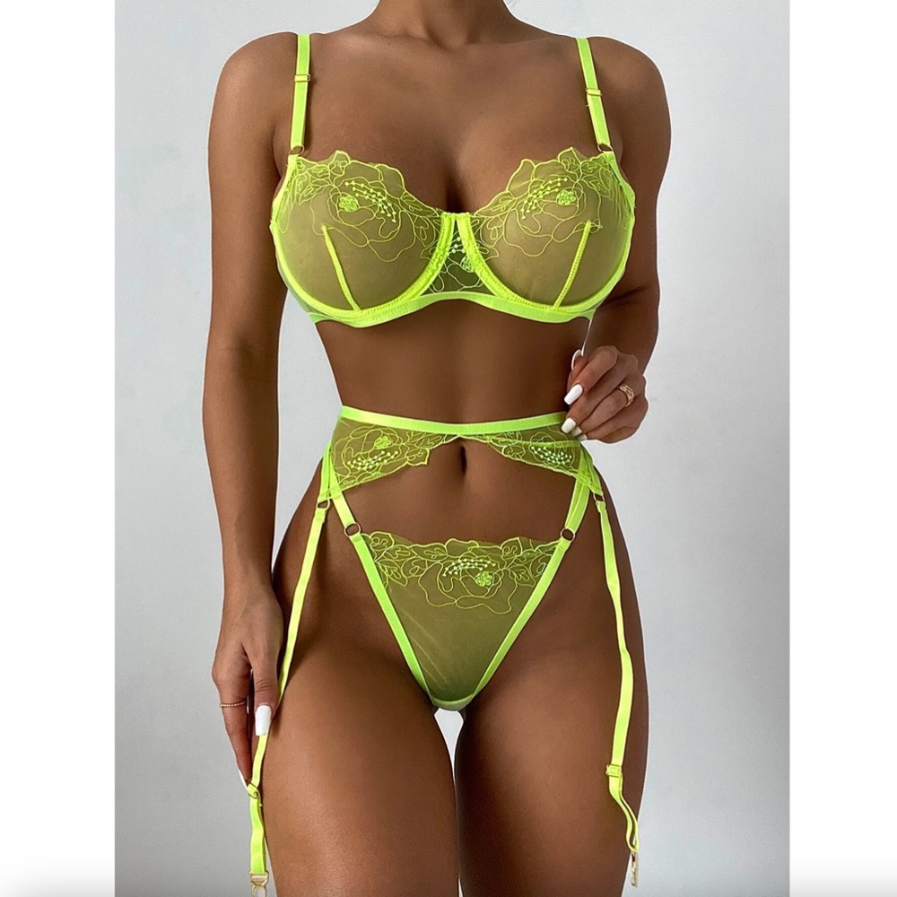 SHEIN Neon Lime Embroidered Mesh Underwire Garter Lingerie Set